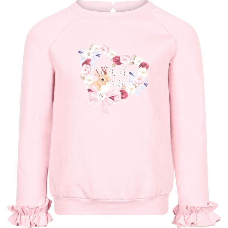 Floral heart print long sleeved shirt with ruffled detailing in pink商品第1张图片规格展示