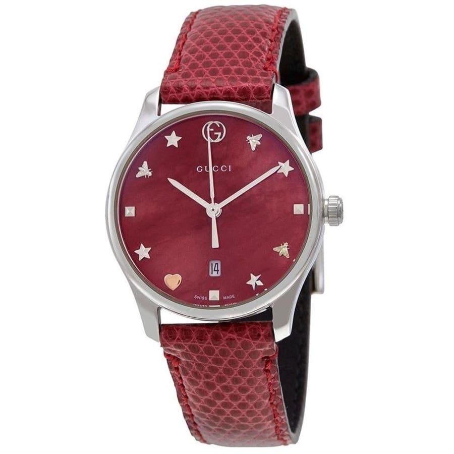 Shop G-Timeless Red Mother of Pearl Dial Leather Strap Women's