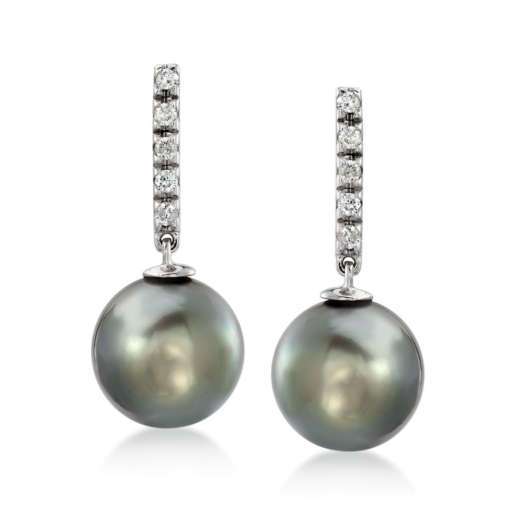 Ross-Simons 10-11mm Black Tahitian Pearl and . Diamond Drop Earrings in 14kt White Gold商品第1张图片规格展示