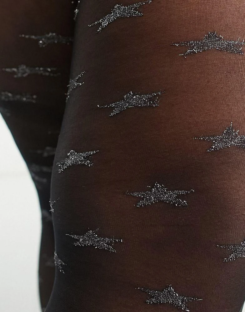 商品ASOS|ASOS DESIGN Curve 30 denier glitter star tights in black and silver,价格¥119,第4张图片详细描述