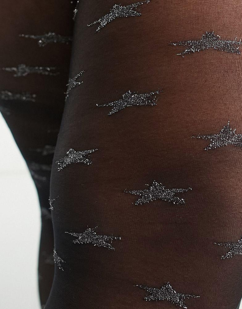 商品ASOS|ASOS DESIGN Curve 30 denier glitter star tights in black and silver,价格¥116,第4张图片详细描述