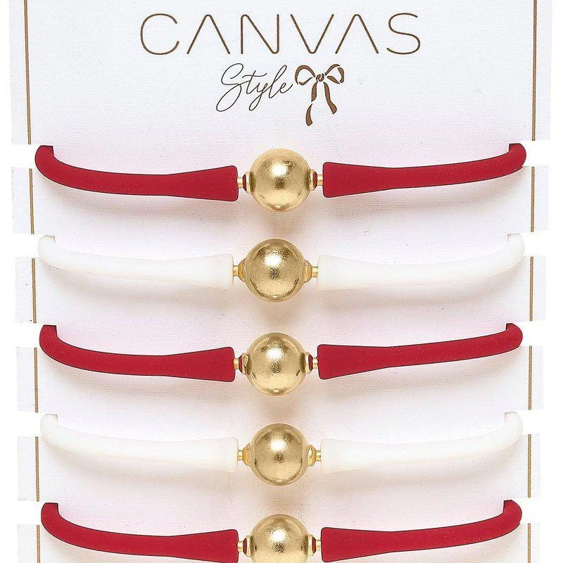 商品Canvas Style|Bali Game Day 24K Gold Bracelet Set Of 5 In Crimson And White,价格¥952,第2张图片详细描述