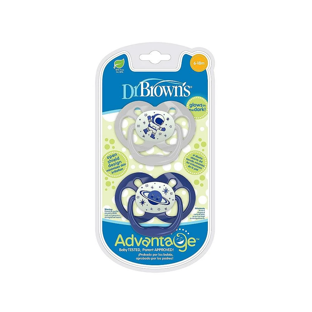 商品Dr. Browns|Advantage Symmetrical Pacifier, Blue, Glow-in-the-Dark, 2 Pack, 6-18m,价格¥112,第3张图片详细描述