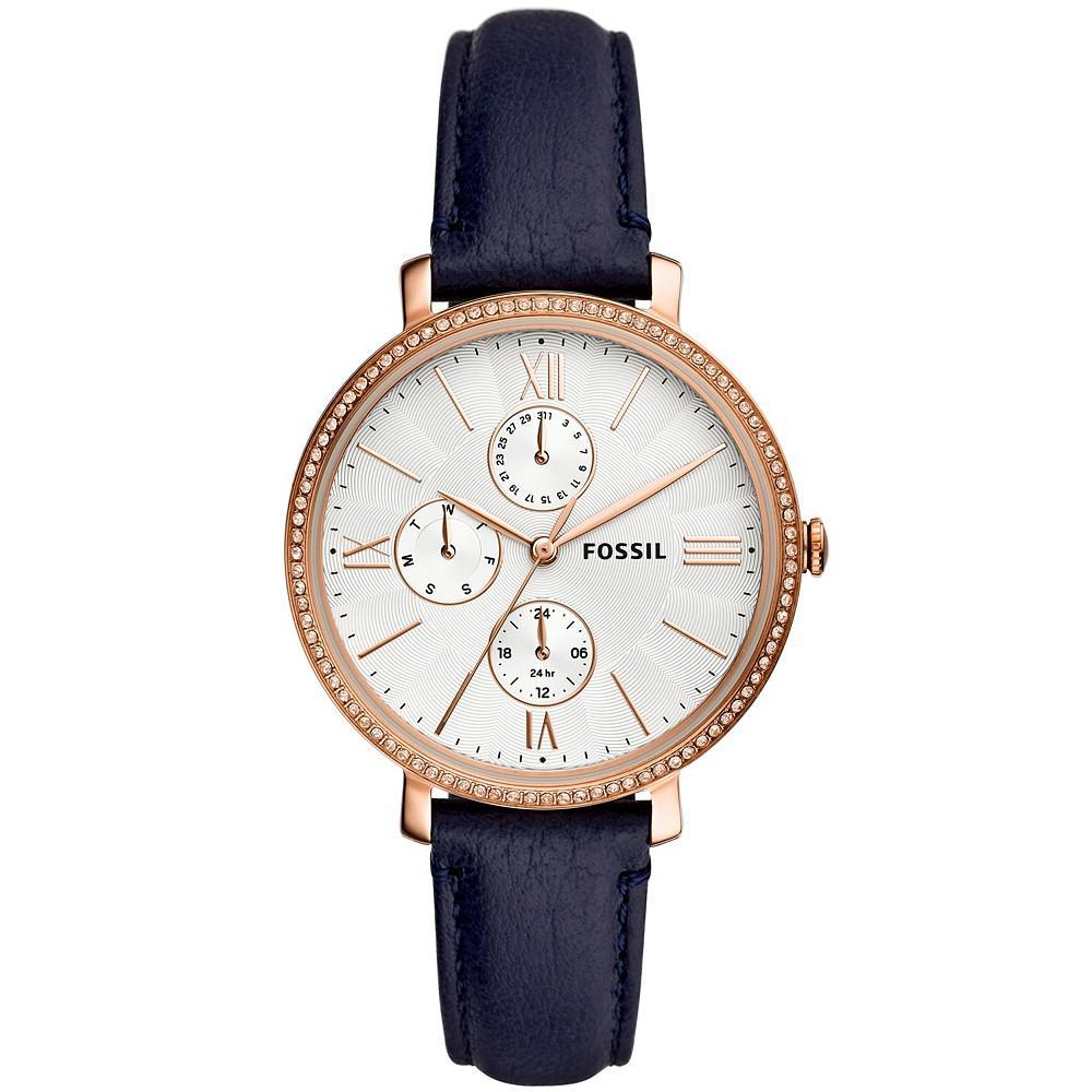 商品Fossil|Women's Jaqueline rose gold tone multifunction movement, navy leather watch 38mm,价格¥551,第1张图片