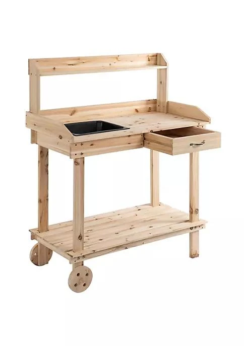商品Outsunny|36 Wooden Potting Bench Work Table With 2 Removable Wheels Sink Drawer And Large Storage Spaces Natural,价格¥1034,第1张图片