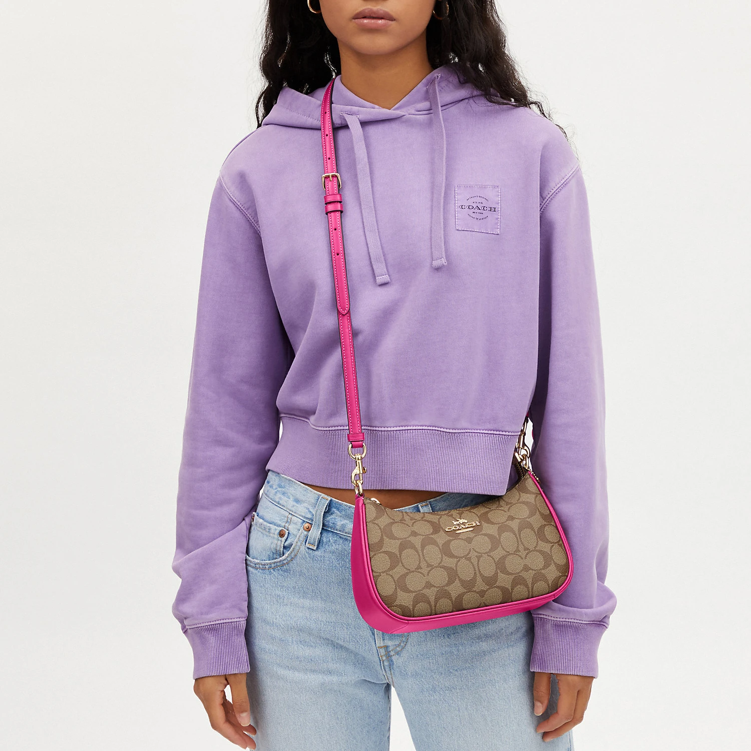 商品[国内直发] Coach|蔻驰 Teri 24 金色徽标经典老花五金扣拉链开合 帆布配皮 帆布包腋下包手提包单肩包 中号 女款 紫色拼卡其色,价格¥1263,第6张图片详细描述