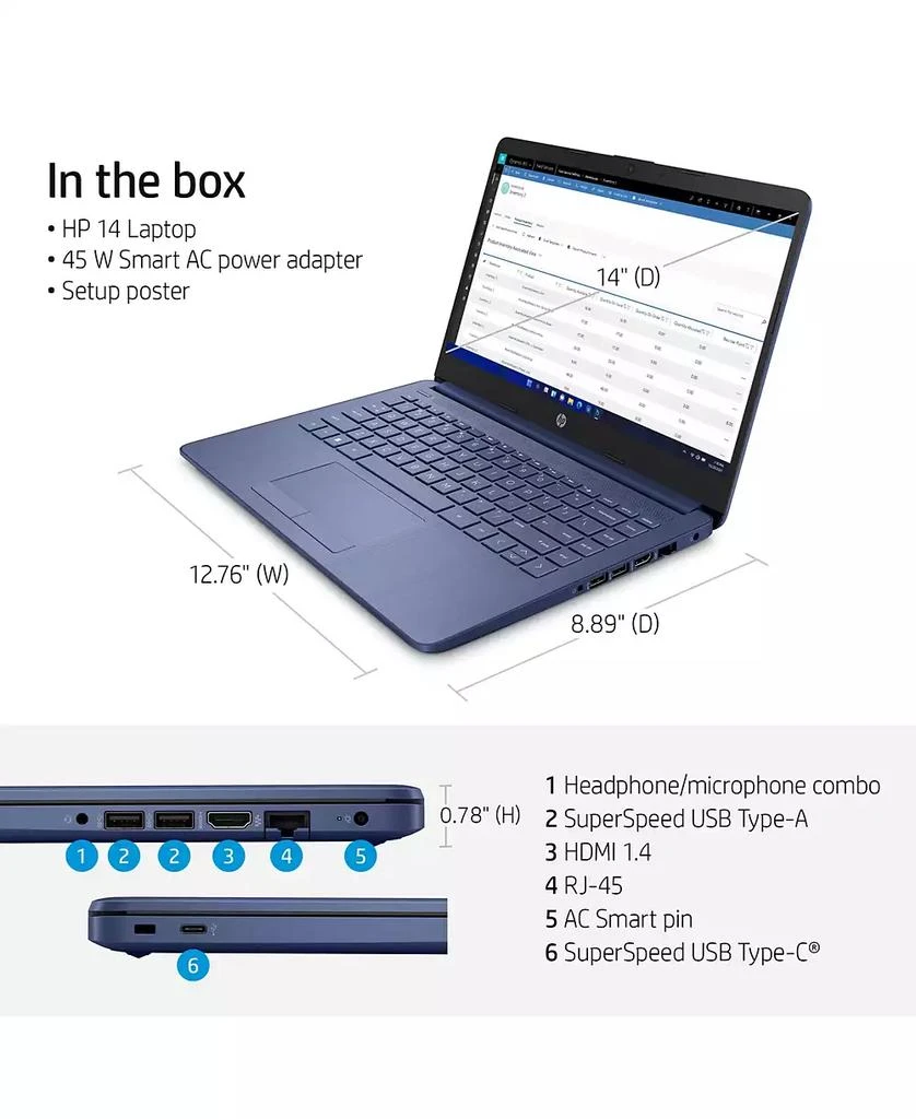 商品HP|Essential 14" Laptop, Intel Celeron N4120 4GB RAM Intel UHD Graphics 600 64GB eMMC Storage Windows 11 Home HD- Blue,价格¥2239,第3张图片详细描述