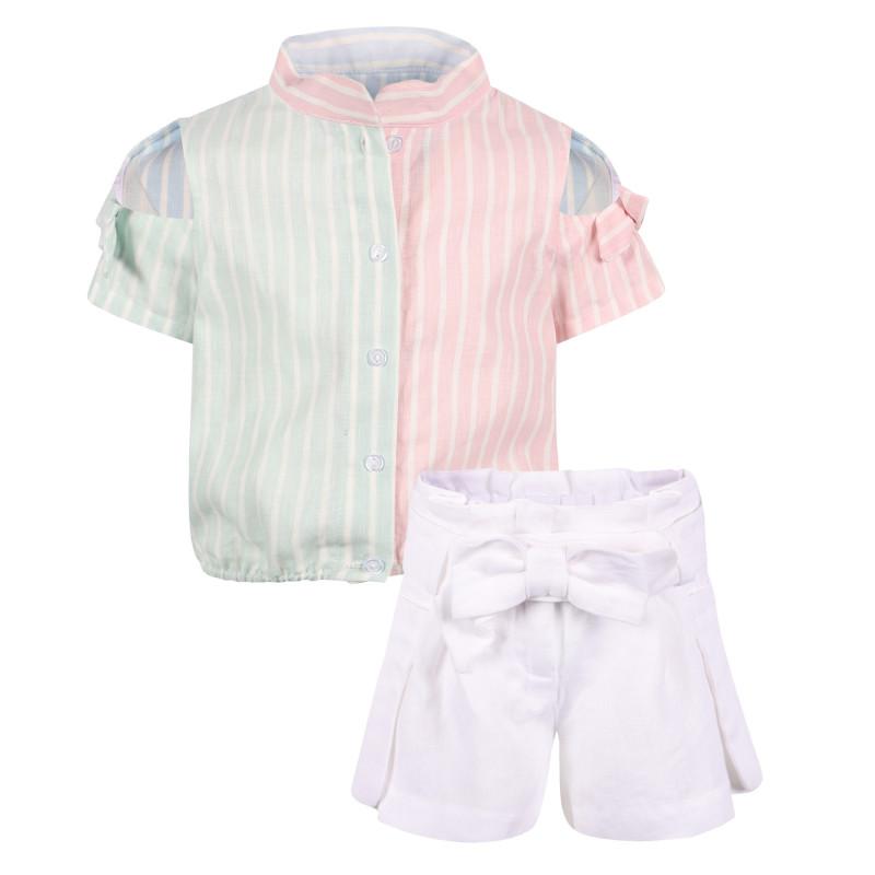 Color block striped jacket and shorts set in white商品第1张图片规格展示