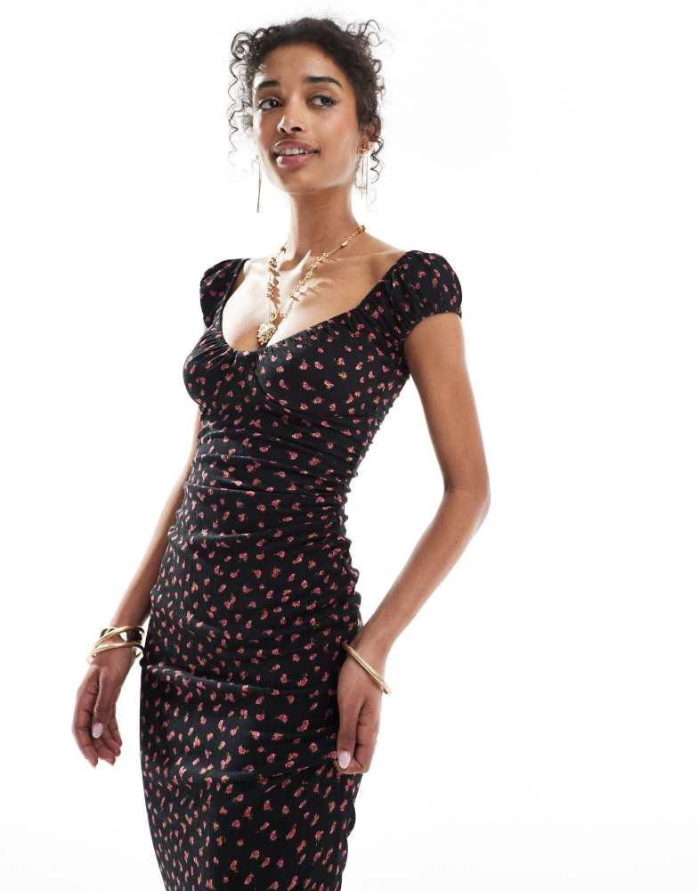 商品Bershka|Bershka milkmaid midi dress in black print,价格¥258,第2张图片详细描述
