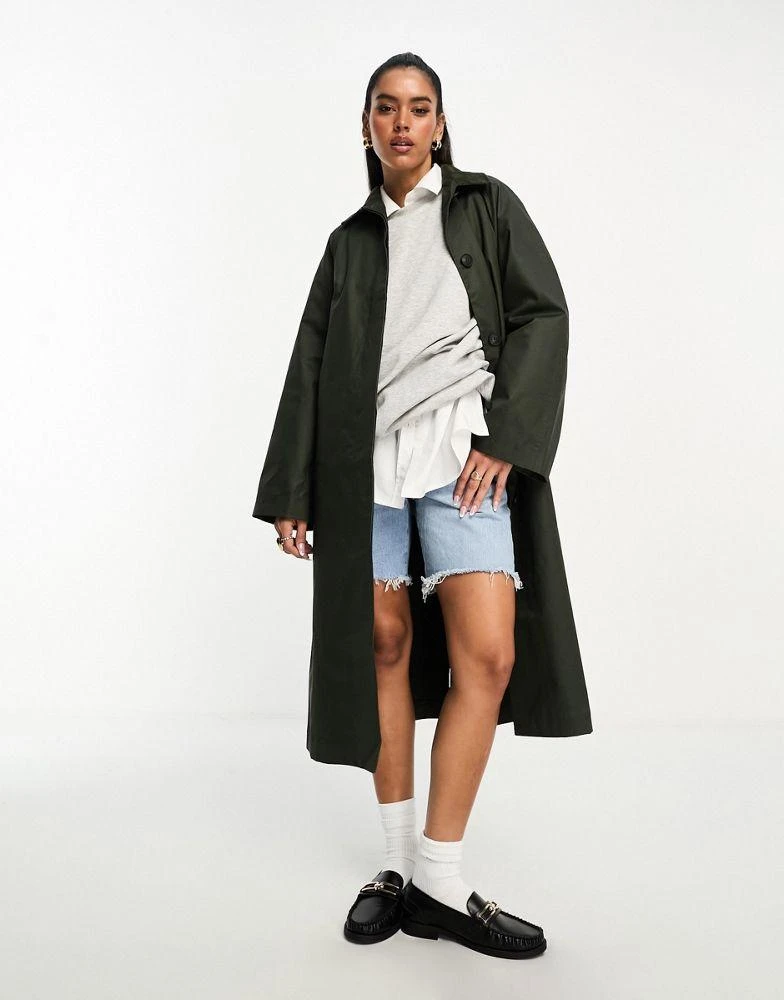 商品ASOS|ASOS DESIGN wax trench with cord collar in olive,价格¥332,第2张图片详细描述