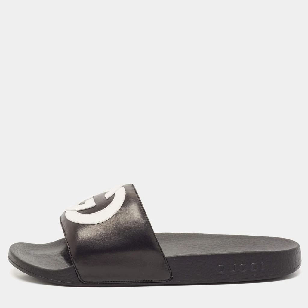 商品Gucci|Gucci Black/White Leather Interlocking G Pool Slides Size 42,价格¥3179,第1张图片