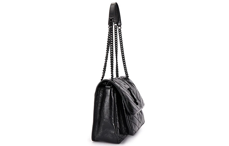 商品[国内直发] Yves Saint Laurent|圣罗兰 YSL Niki 黑链黑标Logo复古褶皱 牛皮革 流浪包斜挎单肩包 中号 女款 黑色,价格¥20634,第5张图片详细描述