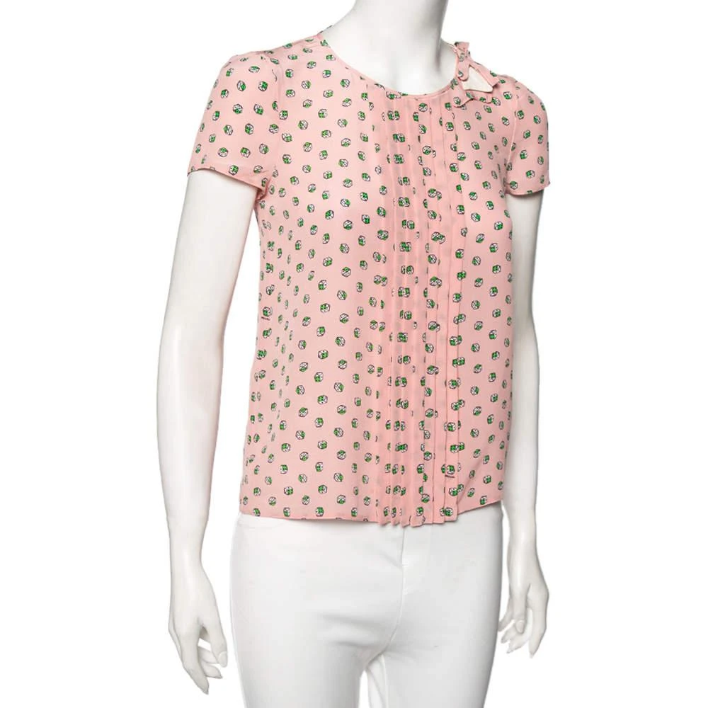 商品[二手商品] Prada|Prada Pink Dice Printed Silk Pleated Yolk Detail Short Sleeve Blouse S,价格¥801,第2张图片详细描述