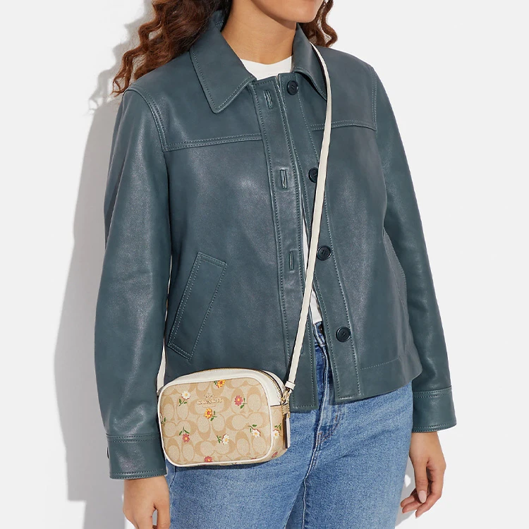 商品[国内直发] Coach|蔻驰 Jamie 19 经典老花拉链开合花卉印花 涂层帆布拼皮革 相机包单肩斜挎包 迷你 女款 浅卡其色,价格¥1454,第7张图片详细描述