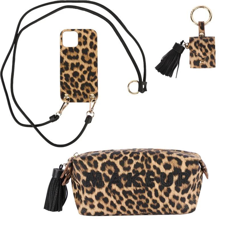 商品Iphoria|Leopard necklace case for iphone 11 key chain airpod case and make up pouch set,价格¥1502,第1张图片