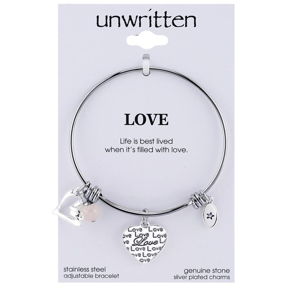 商品Unwritten|Love Charm and Rose Quartz (8mm) Bangle Bracelet in Stainless Steel with Silver Plated Charms,价格¥412,第4张图片详细描述