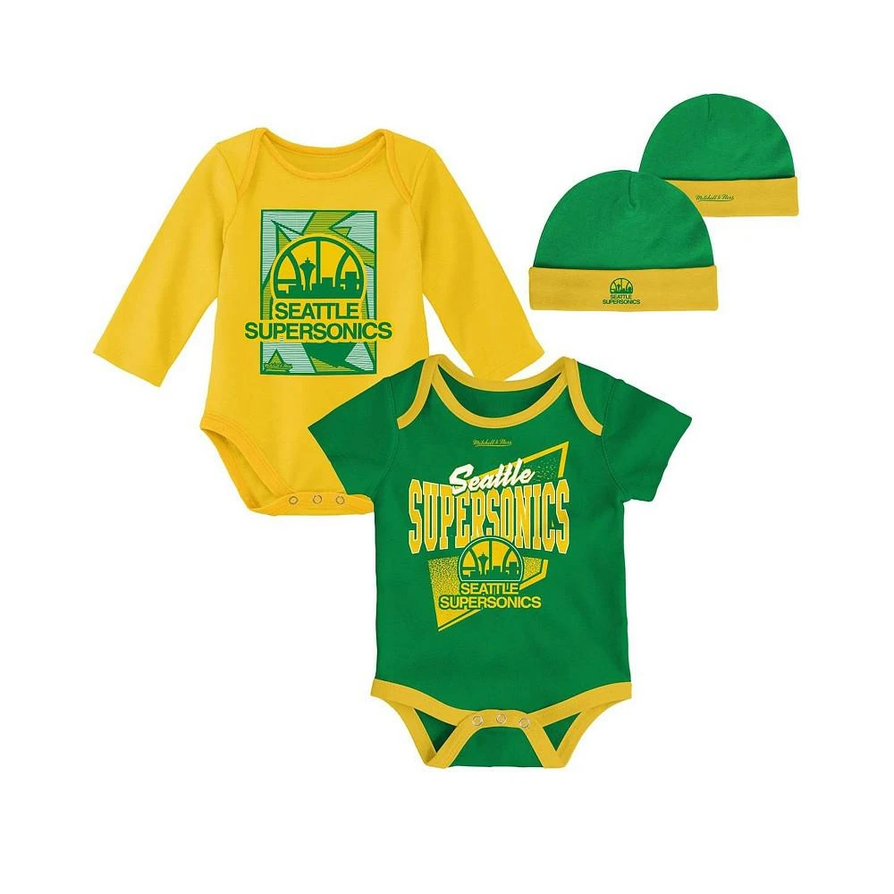 商品Mitchell & Ness|Newborn and Infant Boys and Girls Green, Gold Seattle SuperSonics 3-Piece Hardwood Classics Bodysuits and Cuffed Knit Hat Set,价格¥301,第1张图片
