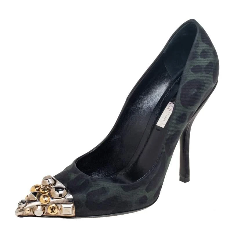 商品[二手商品] Louis Vuitton|Louis Vuitton Green/Black Leopard Print Fabric Bernice Studded Pumps Size 36,价格¥1519,第1张图片