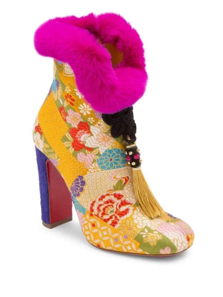 商品Christian Louboutin|May Wong 100 Floral & Rabbit Fur Block Heel Booties,价格¥12585,第1张图片