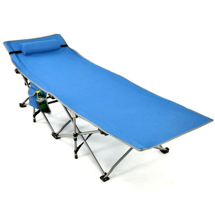 Folding Camping Cot with Side Storage Pocket Detachable Headrest-Green 商品