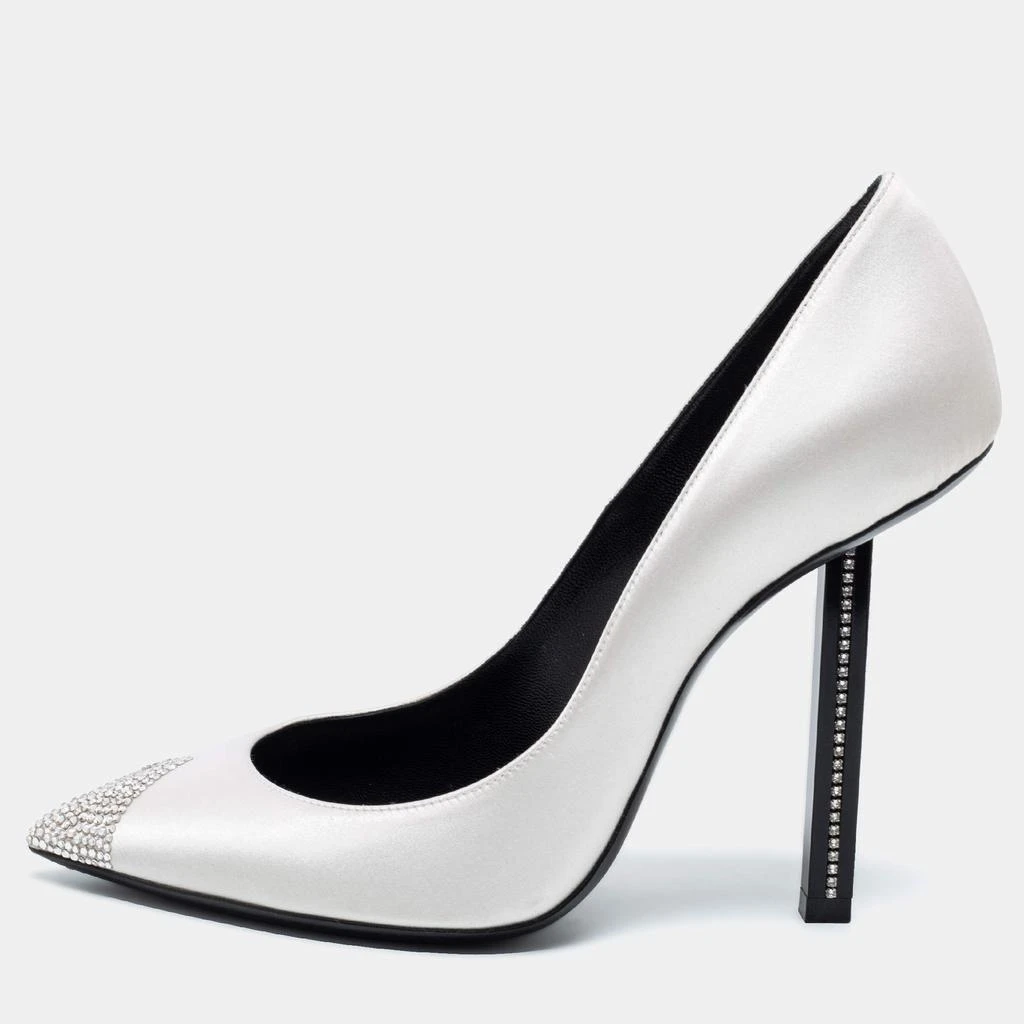 商品[二手商品] Yves Saint Laurent|Saint Laurent White Satin Tower Crystal Embellished Pumps Size 37,价格¥2168,第1张图片