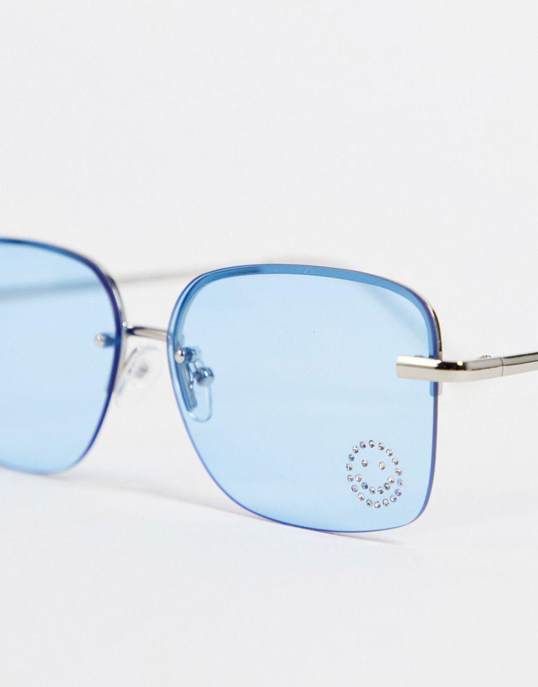 ASOS DESIGN rimless 90s sunglasses with diamante happy face detail in blue商品第3张图片规格展示