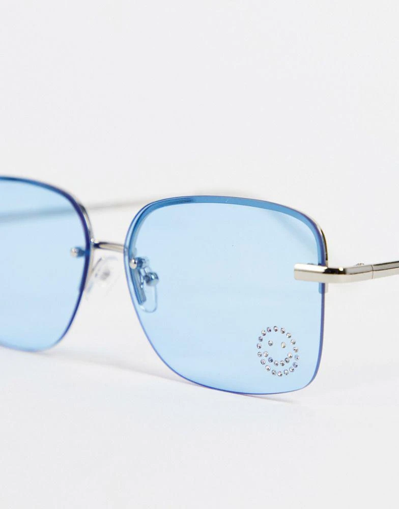 商品ASOS|ASOS DESIGN rimless 90s sunglasses with diamante happy face detail in blue,价格¥83,第3张图片详细描述