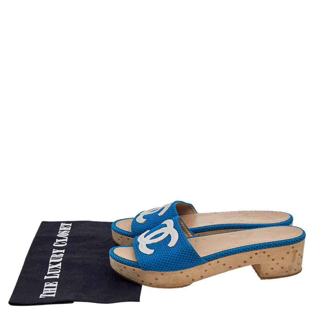 Chanel Blue/White Mesh And Leather CC Logo Platform Slide Wooden Sandals Size 39 商品