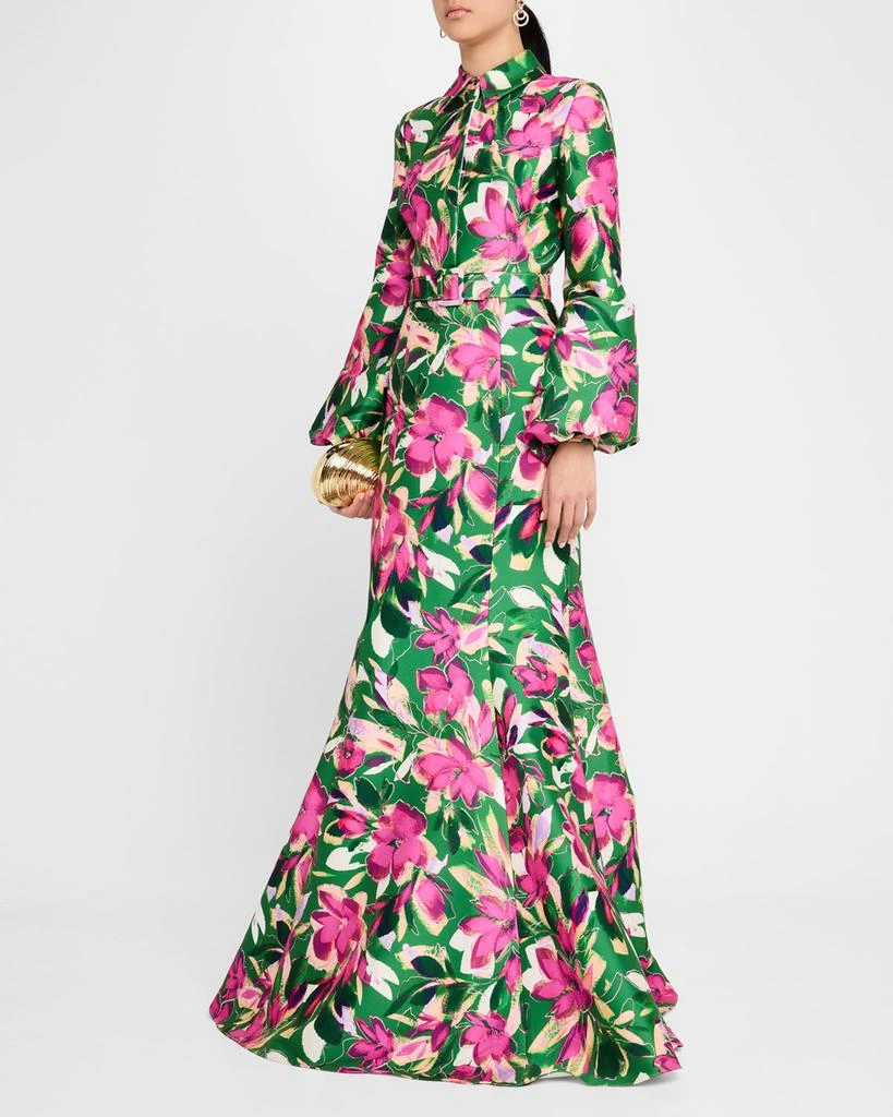 商品Badgley Mischka|Belted Floral-Print Mikado Shirt Gown,价格¥3167,第2张图片详细描述