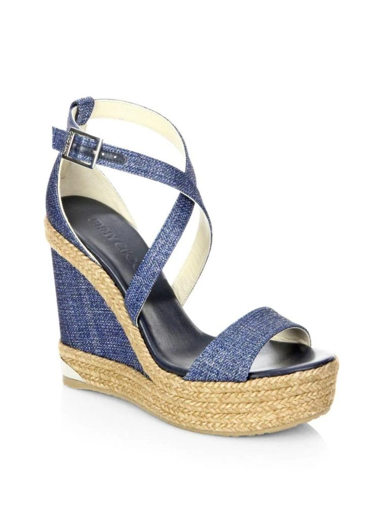 商品Jimmy Choo|Portia 120 DFW Metallic Denim Espadrille Wedge Sandals,价格¥1649,第1张图片