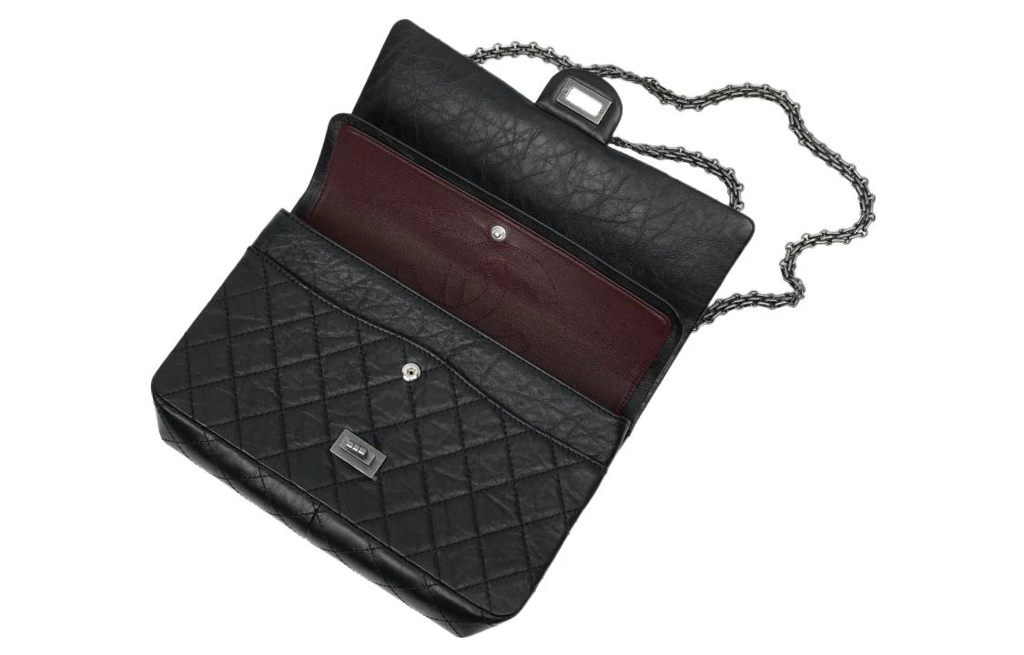 商品[国内直发] Chanel|香奈儿 2.55 复古做旧五金 小牛皮 单肩包 大号 女款 黑色/银色,价格¥71203,第5张图片详细描述
