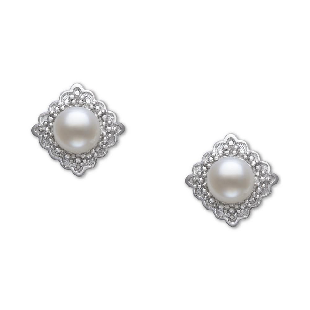 Cultured Freshwater Button Pearl (6mm) & Diamond Accent Stud Earrings in Sterling Silver商品第3张图片规格展示