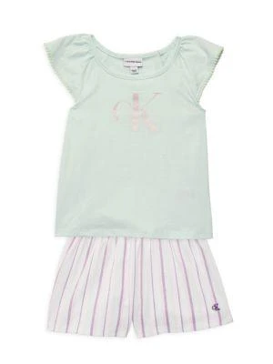 商品Calvin Klein|Little Girl’s 2-Piece Logo Tee & Striped Shorts Set,价格¥188,第1张图片