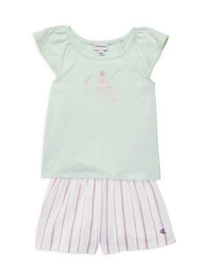 商品Calvin Klein|Little Girl’s 2-Piece Logo Tee & Striped Shorts Set,价格¥81,第1张图片