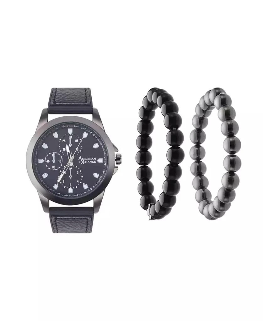 商品American Exchange|Men's Quartz Movement Black Leather Analog Watch, 47mm and Stackable Bracelet Set with Zippered Pouch,价格¥303,第1张图片