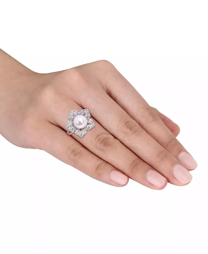 商品Macy's|Cultured Freshwater Pearl (8-1/2mm) & Lab-Created White Sapphire (1-1/3 ct. t.w.) Flower Ring in Sterling Silver,价格¥916,第2张图片详细描述