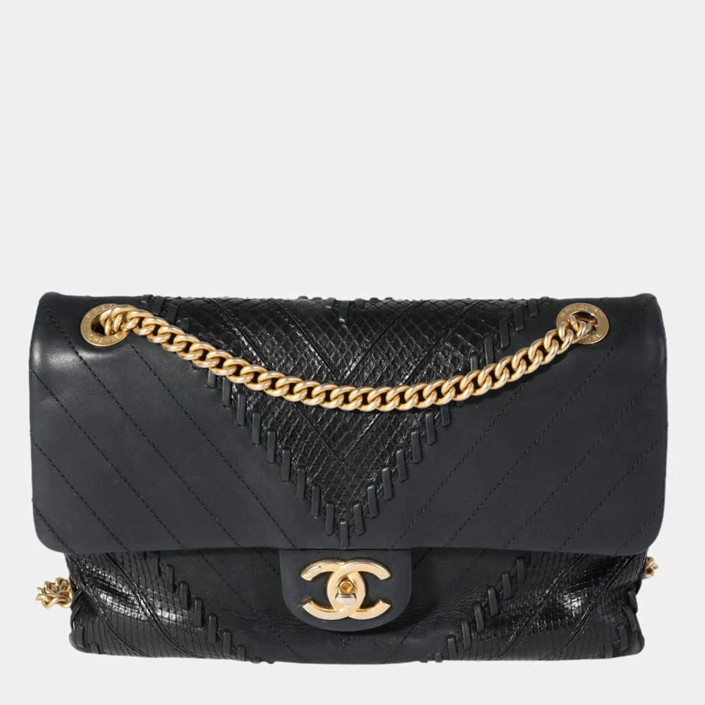 商品[二手商品] Chanel|Chanel Black Chevron & Python Patchwork Flap Bag,价格¥29040,第1张图片