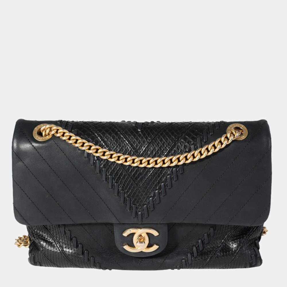 商品[二手商品] Chanel|Chanel Black Chevron & Python Patchwork Flap Bag,价格¥27799,第1张图片