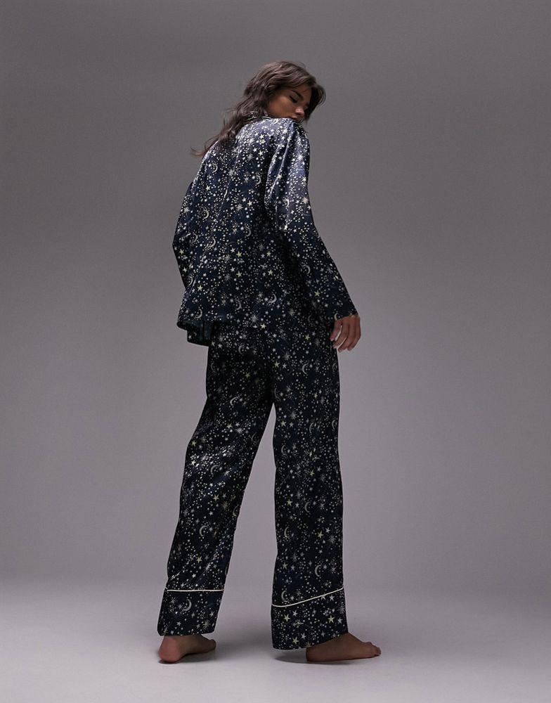 Topshop star print satin shirt & trouser pyjama set with matching eye mask & gift bag in navy商品第2张图片规格展示