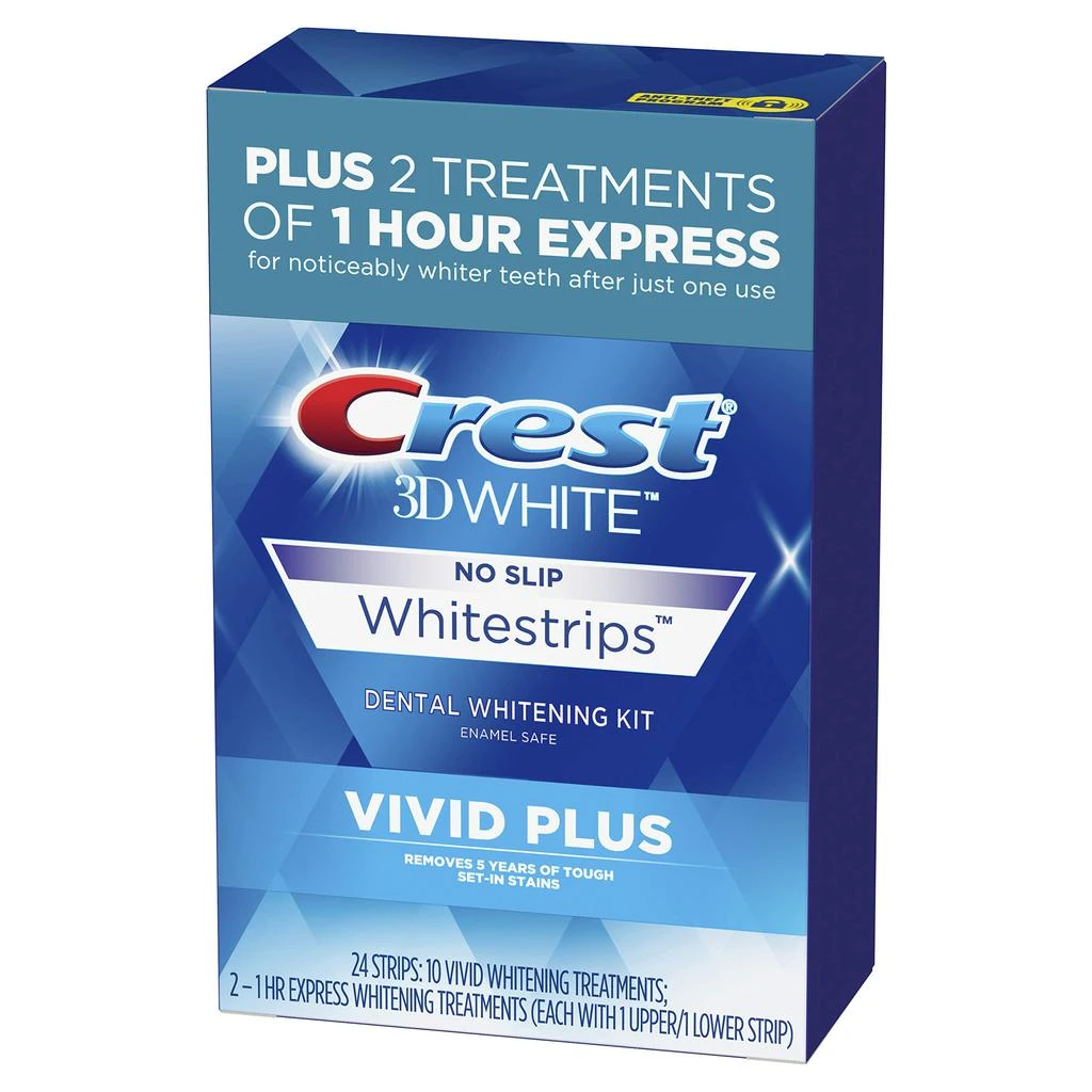 商品Crest|Crest 3DWhitestrips Vivid Plus Whitestrips 3D White, 10 Treatments + 1 Hour Express 2 Treatments Teeth Whitening Kit, 8 Levels Whiter, Crest Teeth Whitening Strips,价格¥243,第1张图片