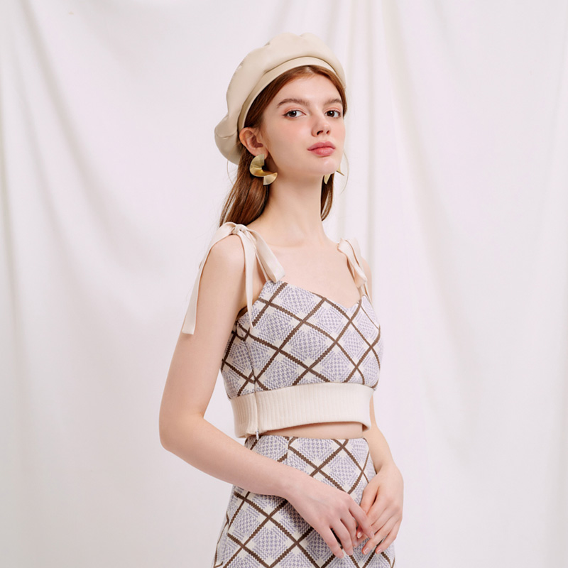 Eva蓝色菱形针织印花吊带上衣 | Eva Top - Blue Plaid商品第3张图片规格展示