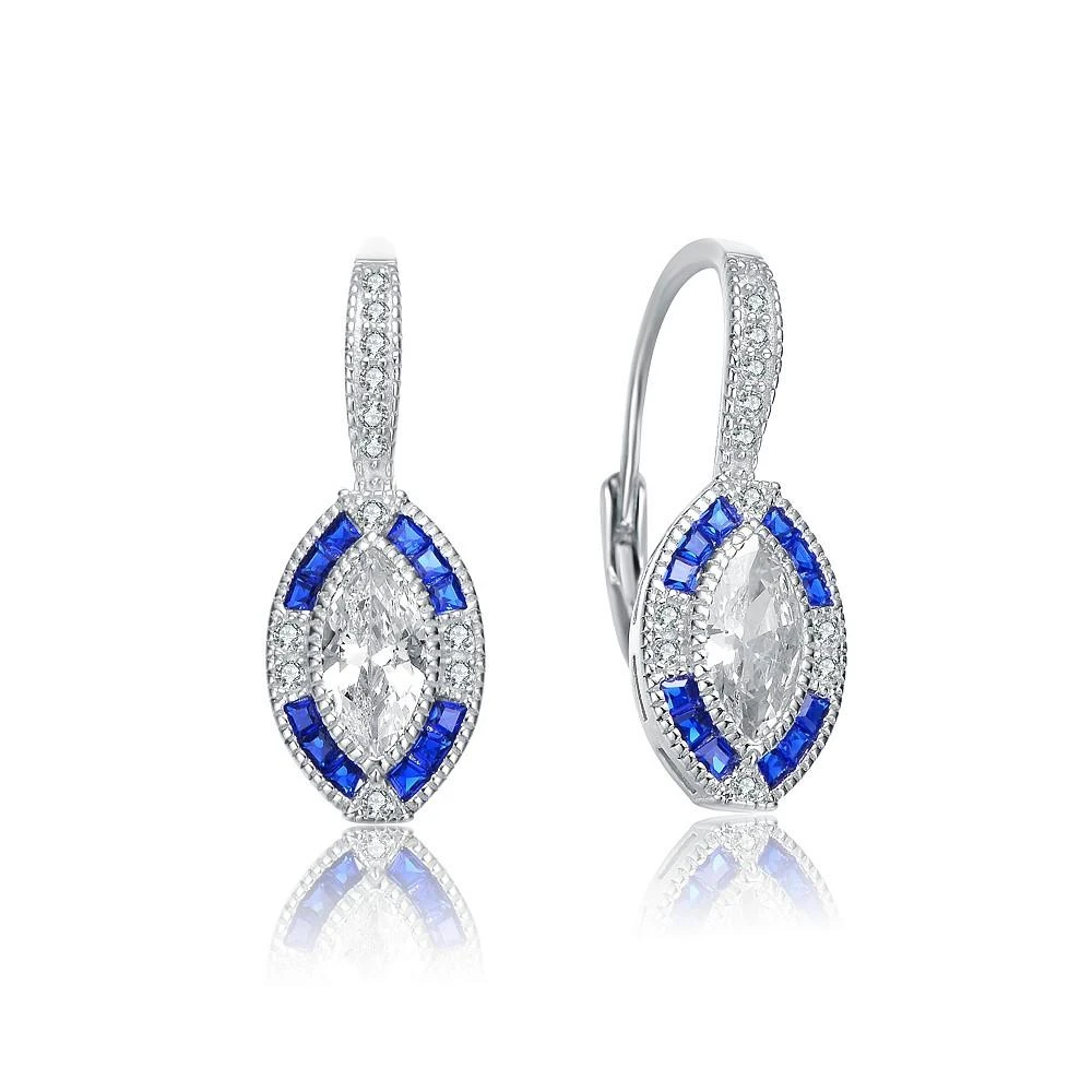 商品Genevive|Sterling Silver with White Gold  Plated and Sapphire Cubic Zirconia Leverback Earrings,价格¥509,第1张图片
