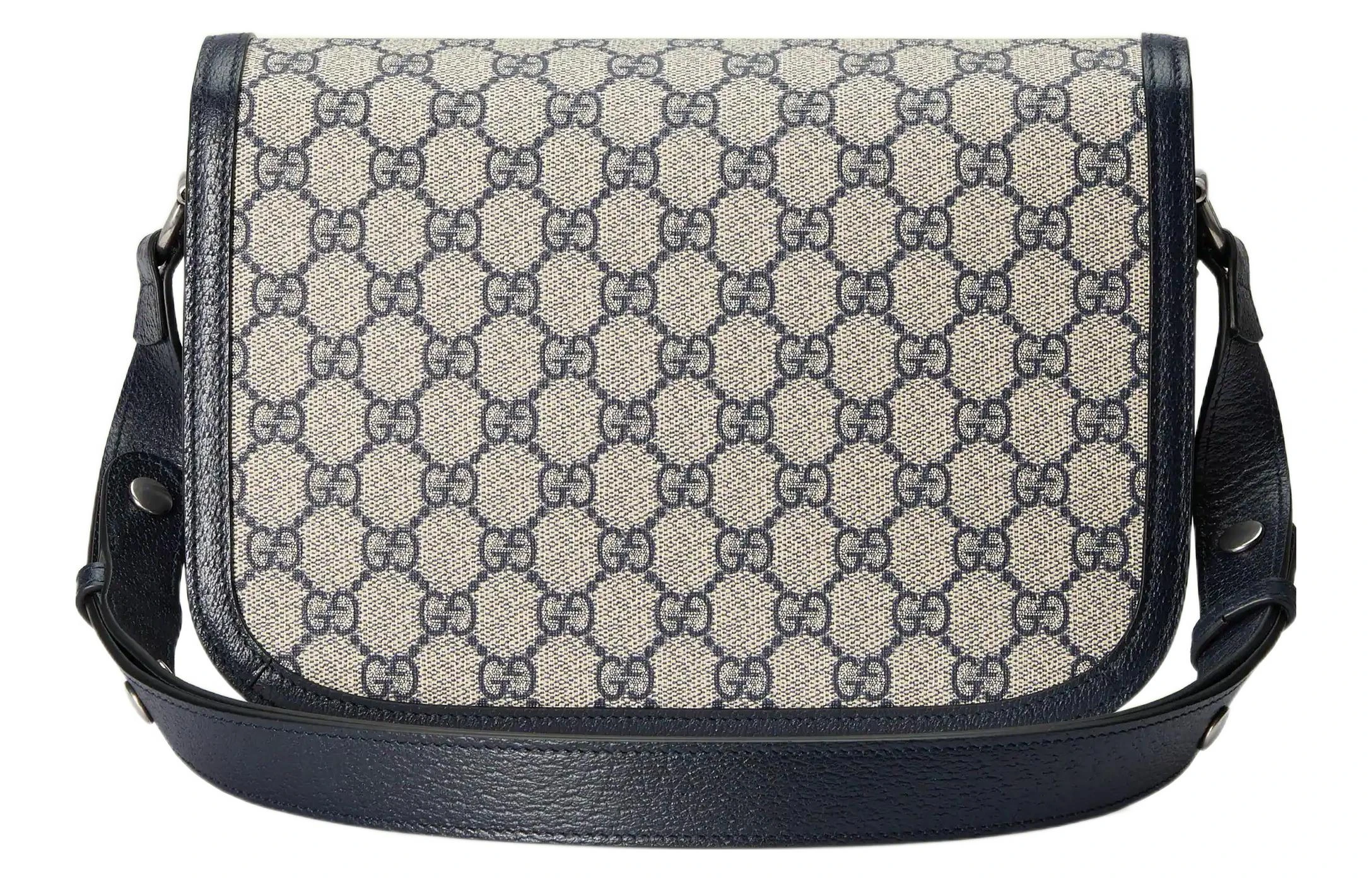 商品[国内直发] Gucci|古驰 Horsebit 1955 复古银扣马衔扣老花Logo 帆布拼皮革饰边 手提单肩斜挎包 小号 男女同款 蓝色/米色,价格¥12716,第8张图片详细描述