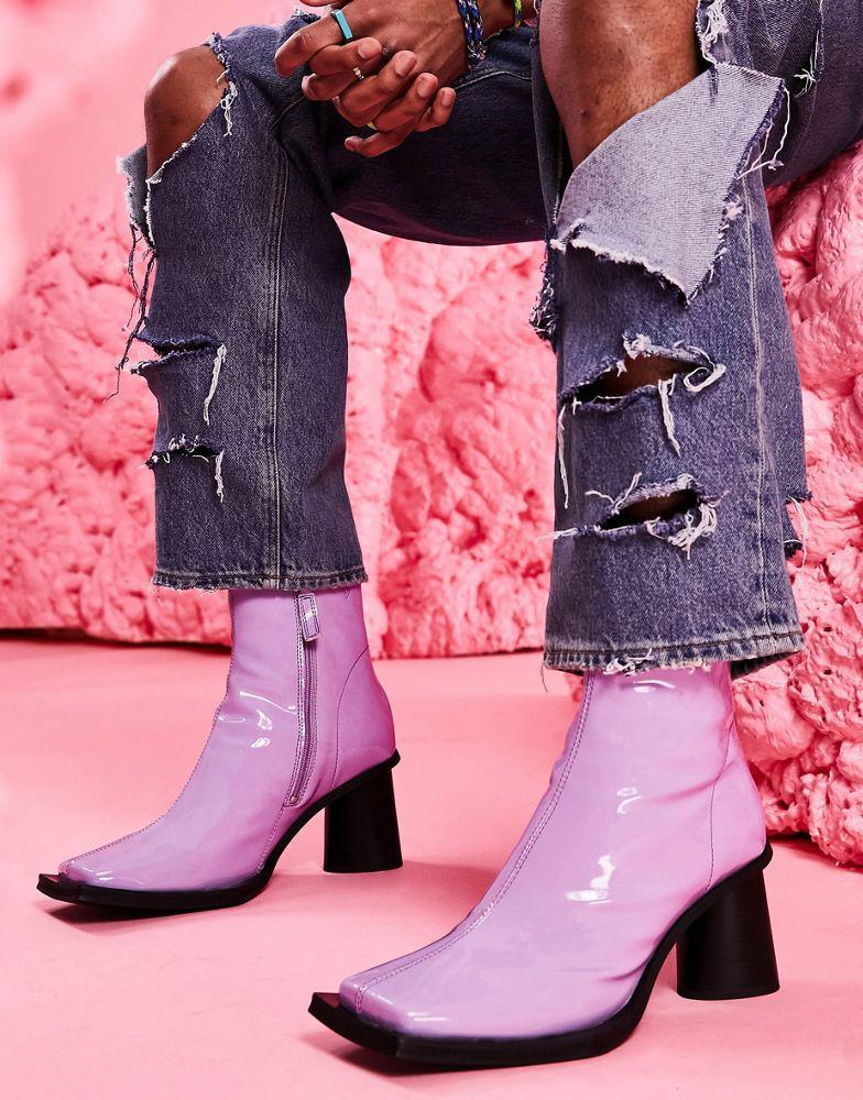商品ASOS|ASOS DESIGN Heeled chelsea boot in lilac patent faux leather with contrast sole,价格¥396,第1张图片