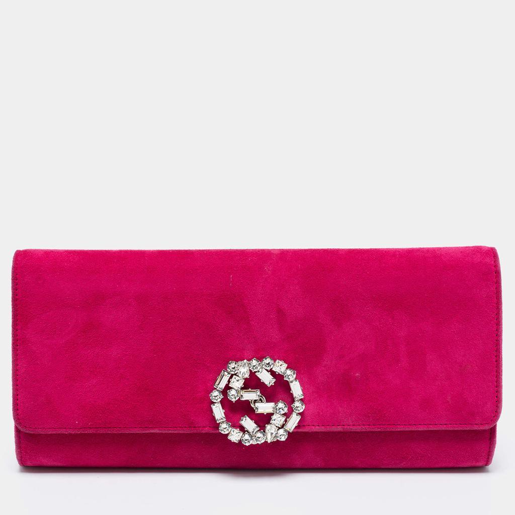 商品[二手商品] Gucci|Gucci Pink Suede Interlocking G Crystal Embellished Broadway Clutch,价格¥3985,第1张图片