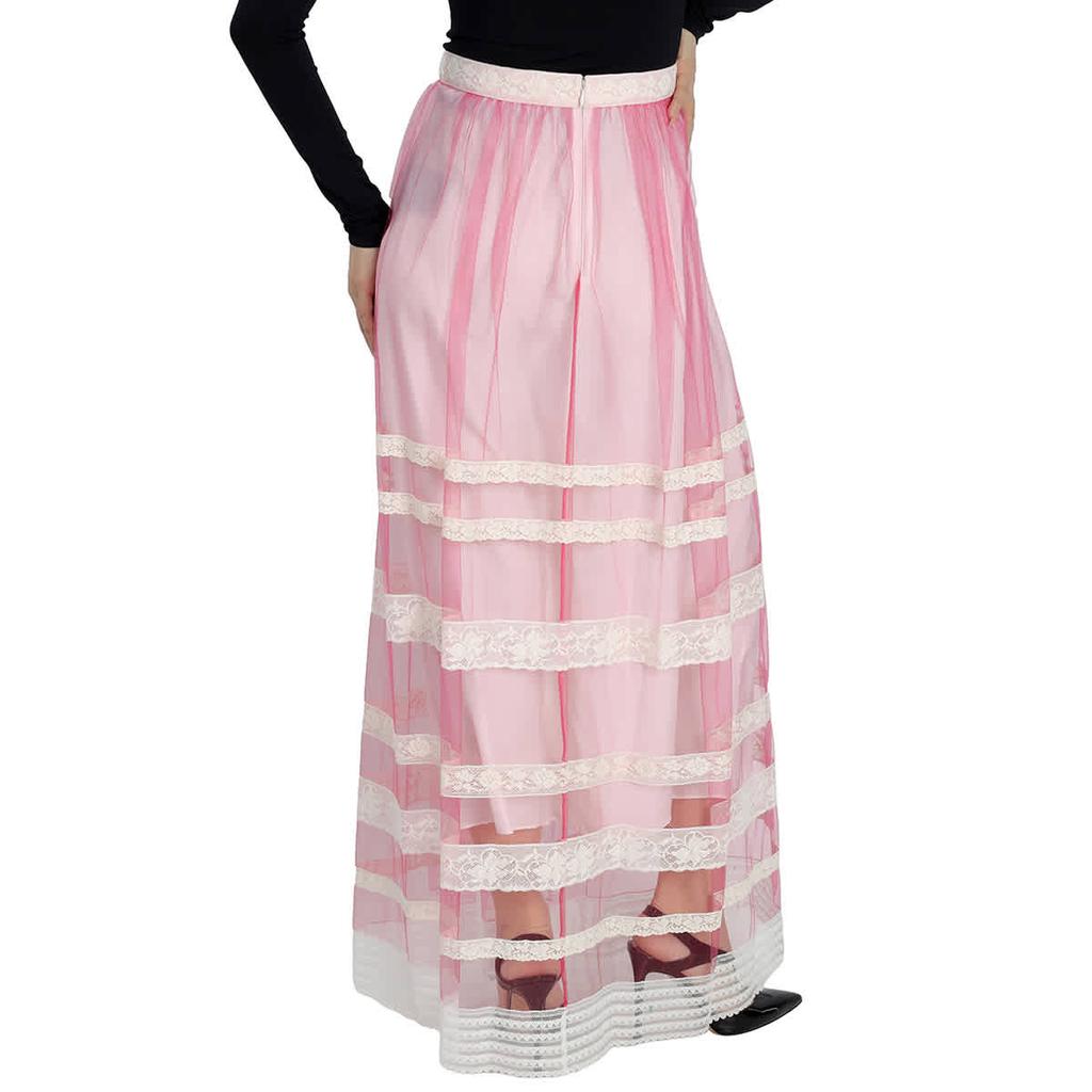 Ladies Bright Pink Floral Lace-trim Tulle Maxi Skirt商品第3张图片规格展示