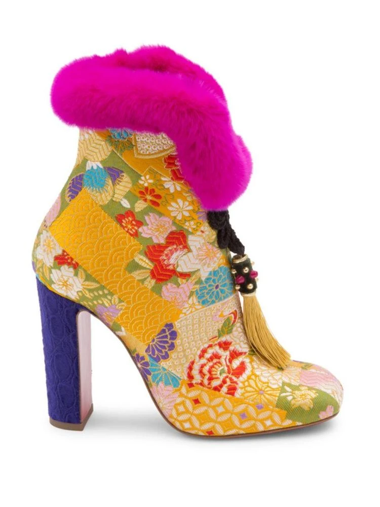 商品Christian Louboutin|May Wong 100 Floral & Rabbit Fur Block Heel Booties,价格¥12585,第5张图片详细描述