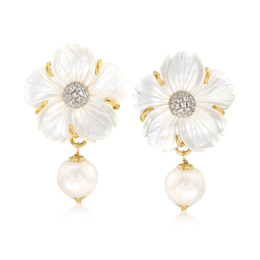 Ross-Simons Italian Mother-Of-Pearl and 12mm Cultured Pearl Flower Drop Earrings With Czs in 18kt Gold Over Sterling商品第1张图片规格展示