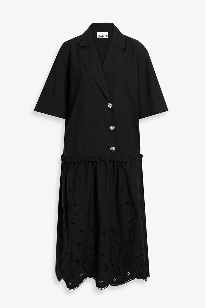 商品Ganni|Gathered broderie anglaise cotton-poplin midi dress,价格¥738,第1张图片