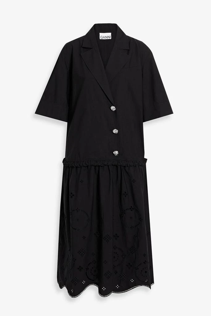 商品Ganni|Gathered broderie anglaise cotton-poplin midi dress,价格¥1118,第1张图片